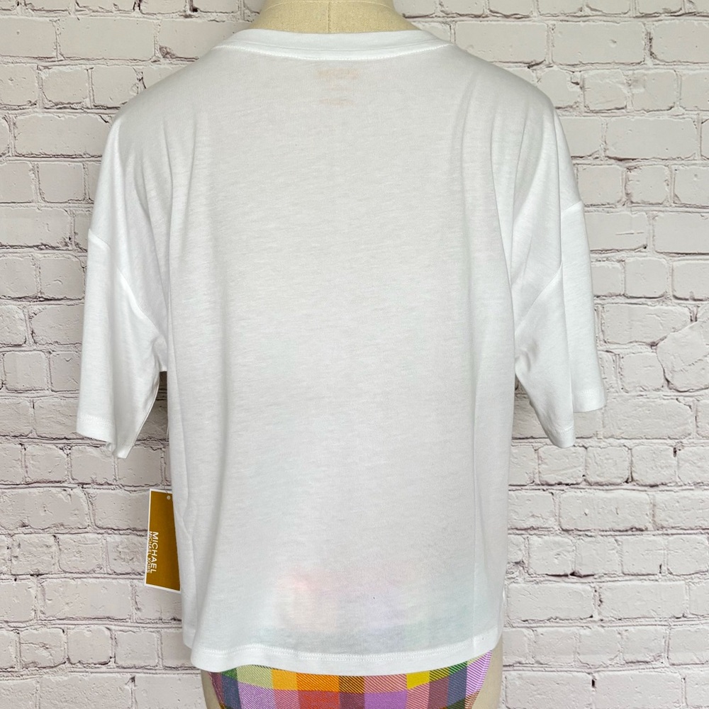 MICHAEL KORS White Gold Foil Cropped Short Sleeve Logo T-Shirt--NWT--S - Picture 5 of 15